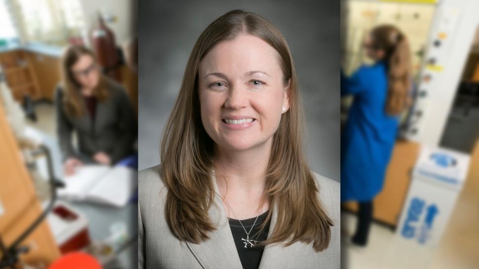 a portrait of Amanda Hargrove smiling overlaid on a photo of Hargrove and her students in her chemistry lab