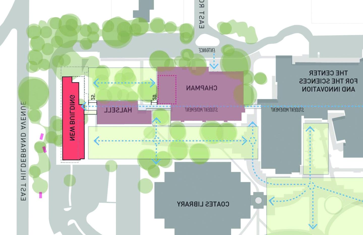 a section of the campus map shows the location of the new Dicke Hall building