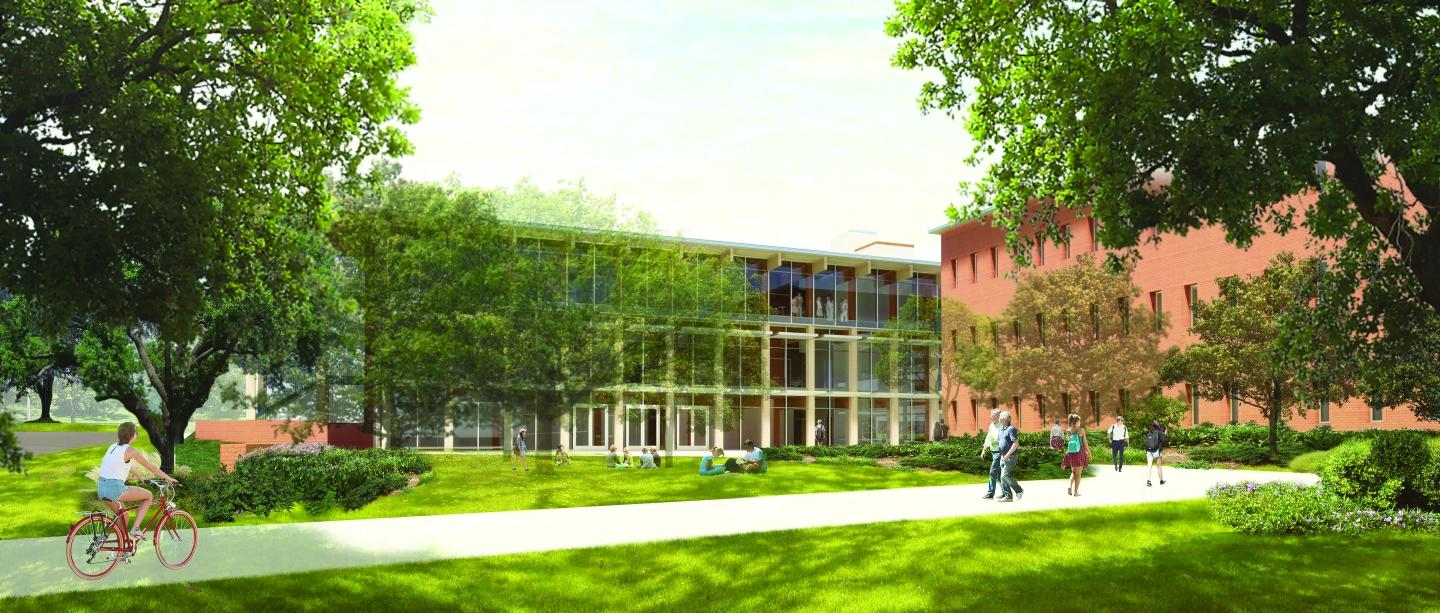 a rendering shows extensive green space outside the southeast side of Dicke Hall