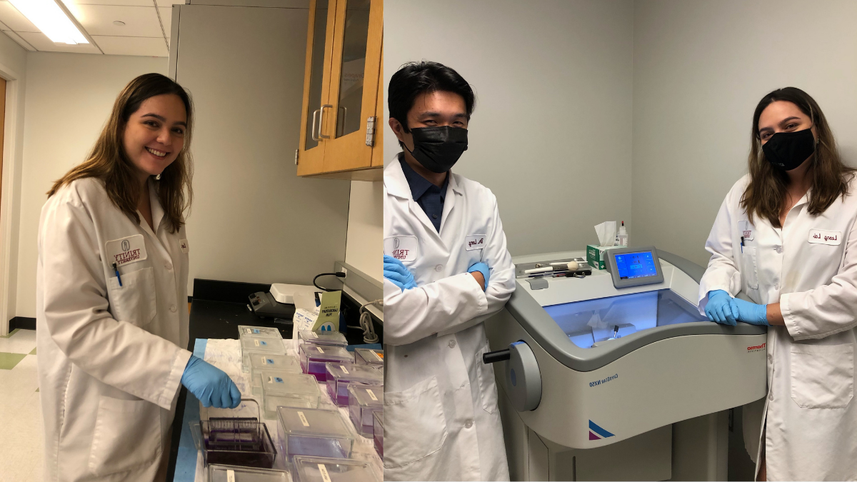 Collage of Daniela Gonzalez in front in lab with Dr. Kah-Chung Leong and Daniela Gonzalez in front of her lab equipment