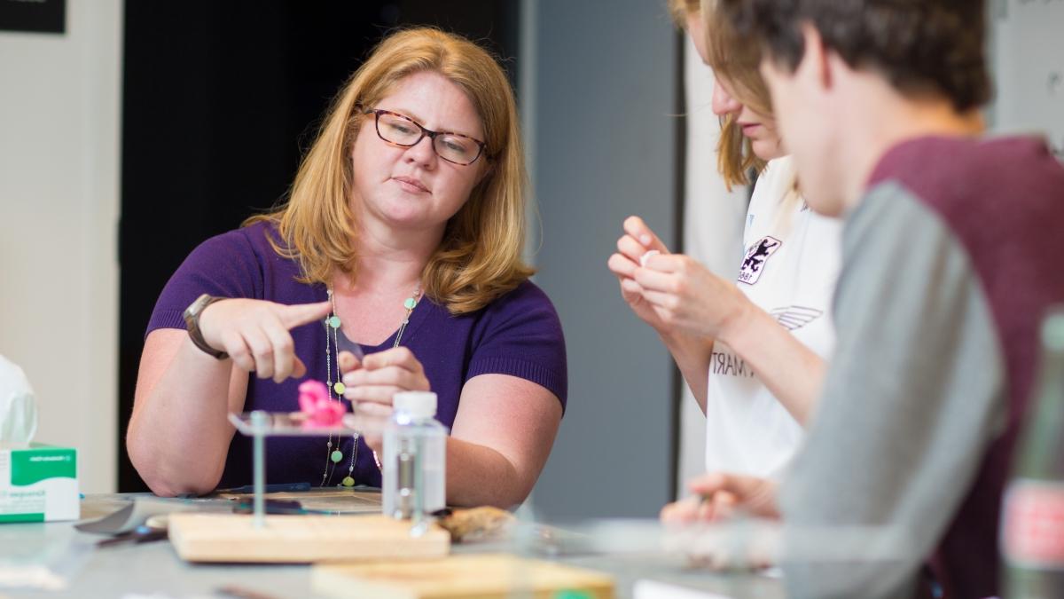 Jennifer Steele, Ph.D., in her lab with physics students.